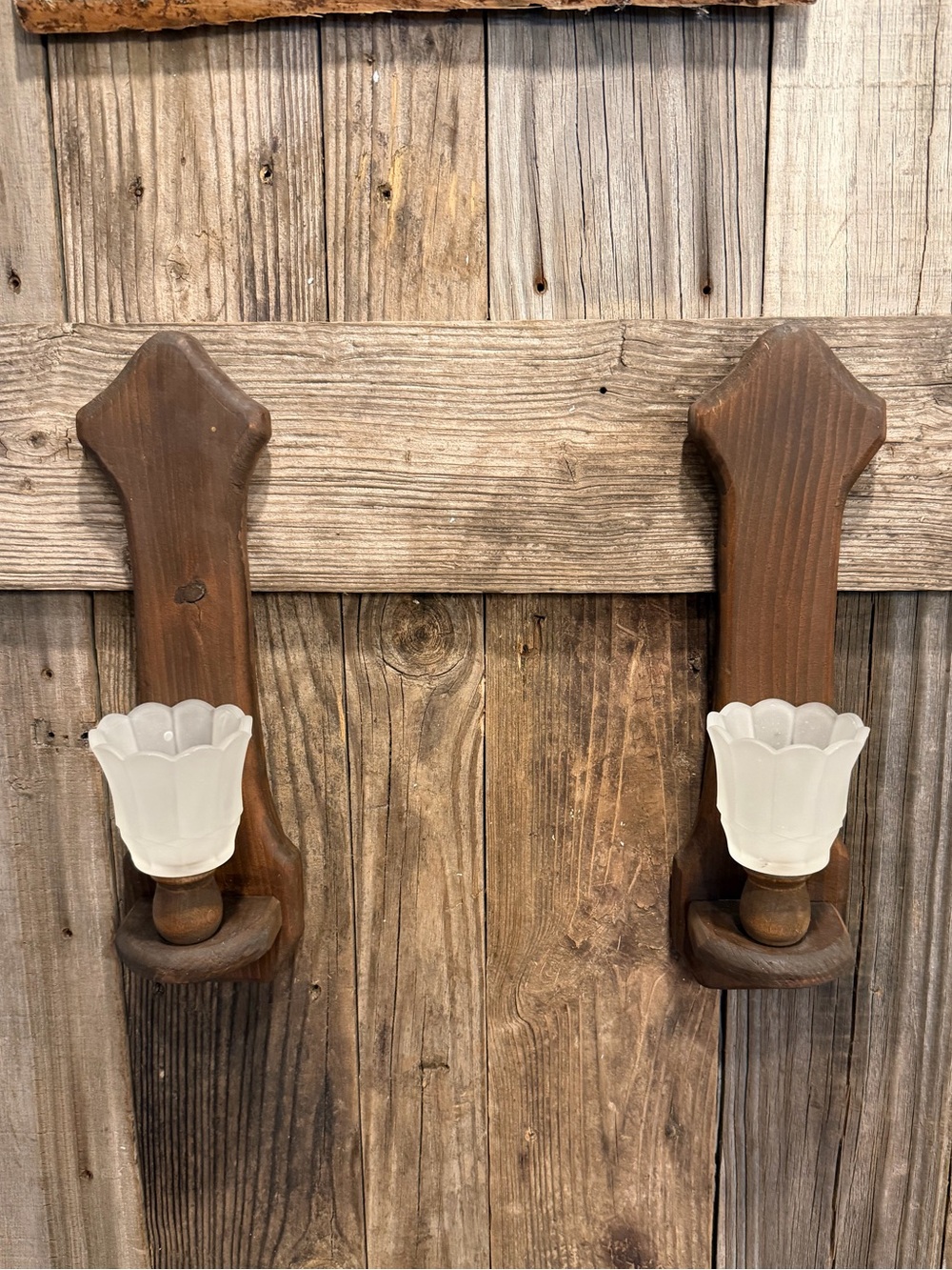 Vintage Farmhouse Wood and Frosted Glass Candle Wall Sconce Pair